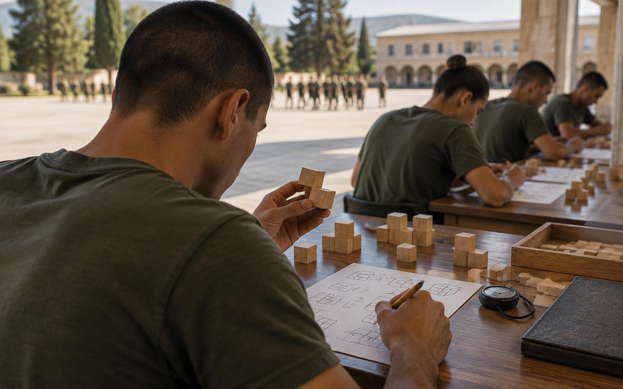Aspirantes practican razonamiento espacial con cubos y papel en una mesa de entrenamiento