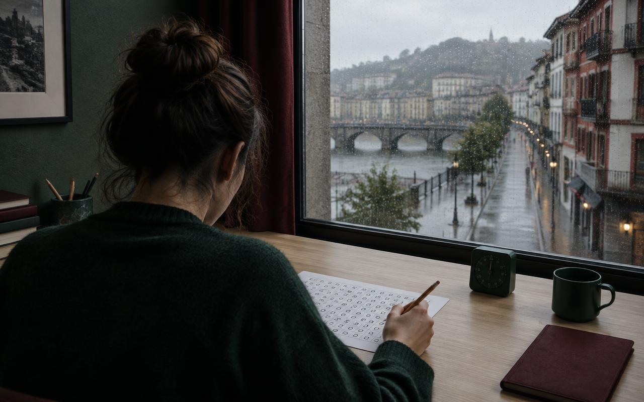 Aspirante trabajando una prueba de atención junto a una ventana con paisaje urbano del País Vasco