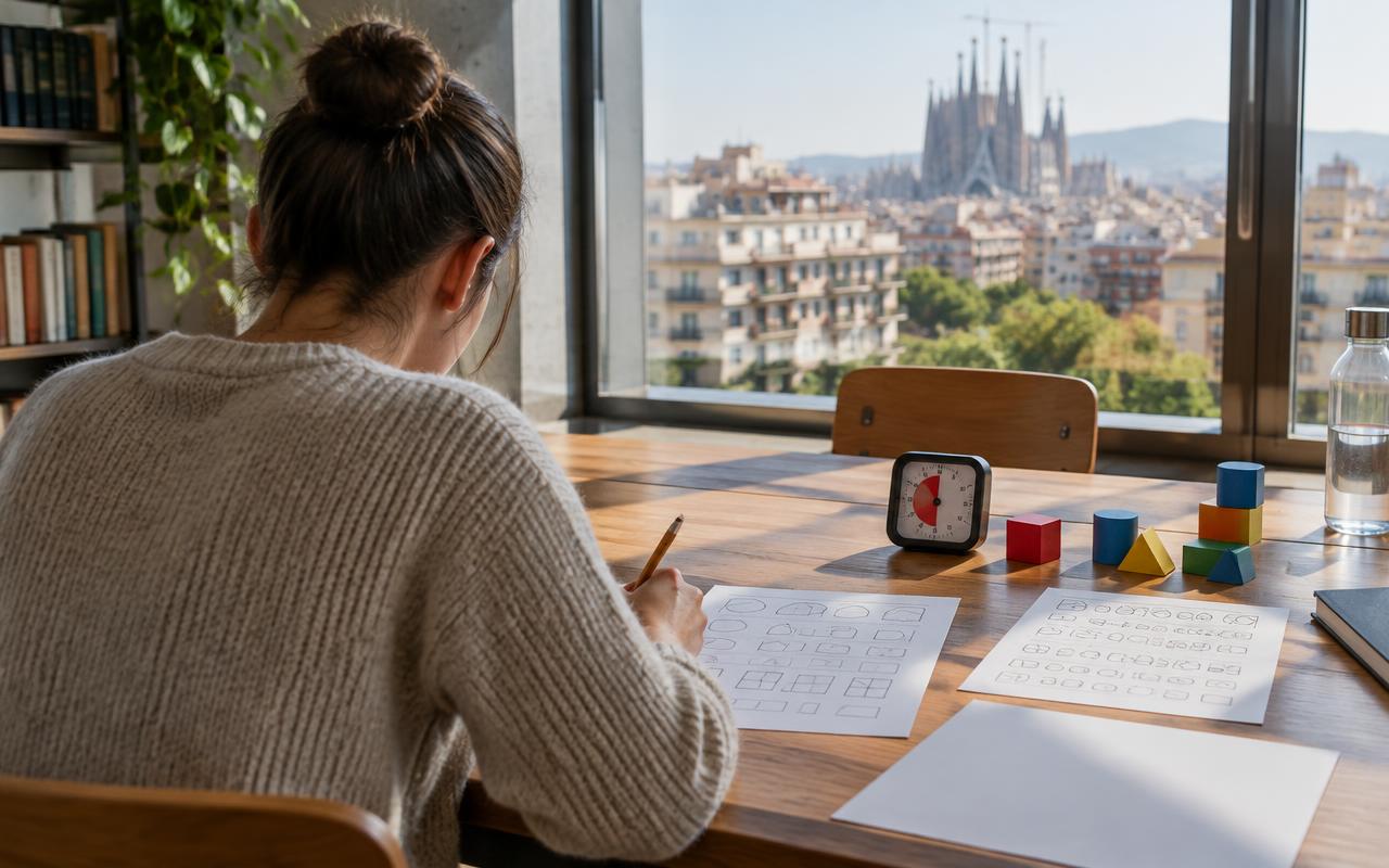 Aspirante resolviendo una prueba de atención con temporizador en una mesa de estudio con vistas a Barcelona