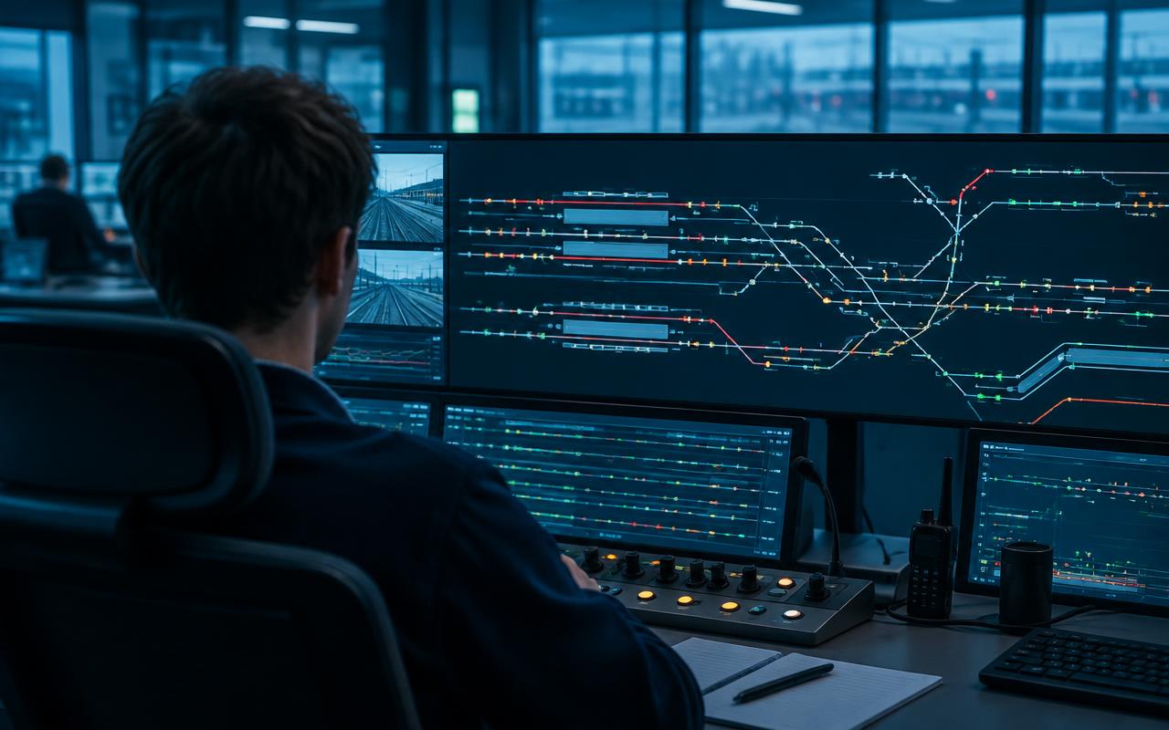 Centro de control ferroviario y diagrama de vías