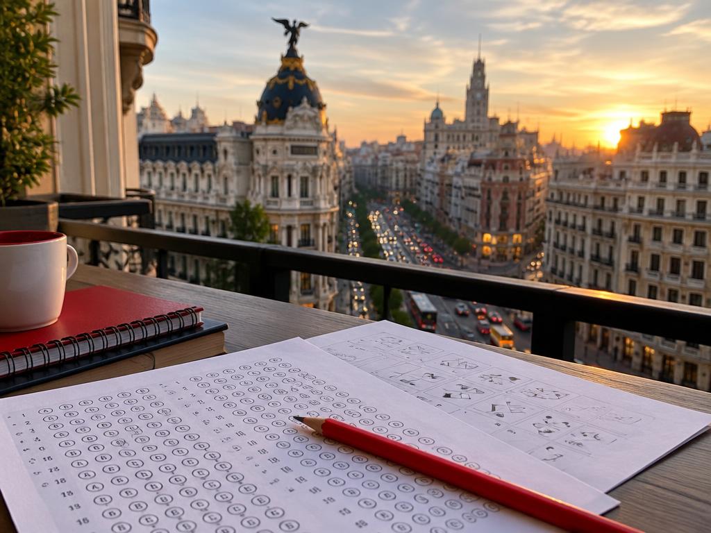 Hoja de test psicotécnico con el centro de Madrid al fondo